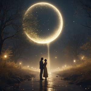 Woman and a man meeting on a mysterious moonlit night,  mystic_fog,  falling gold dust,  photorealistic,  concept art,  8k uhd wallpaper,  octane render,  luminous,  lushill,  shiny aura : highly detailed : intricate motifs : organic tracery : perfect composition : digital painting : artstation : smooth : sharp focus : sparkling particles