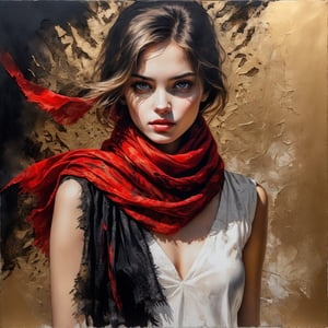 breathtaking portrait of a gorgeous girl, red scarf, dark gold and black, gossamer fabrics, jagged edges, eye-catching detail, insanely intricate, vibrant light and shadow , beauty, paintings on panel, textured background, captivating, stencil art, style of oil painting, modern ink, watercolor , brush strokes, negative white space