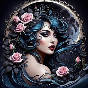 Gothic fairytale, paint flow, elegant, haloed by the moon, roses, swirling lines, abstraction, conceptual, realistic face, beautiful, Decora_SWstyle