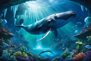 Create an artwork featuring an icy ocean in an alien world. The scene is defined by colossal, veined alien leaves, radiantly green and floating on the water's surface. Rising from the cold waters, a colossal blue whale spouts a towering fountain of water, mingled with ice fragments glistening like diamonds. This encounter between the majestic whale and otherworldly flora evokes a sense of pristine wilderness and enigmatic beauty, inviting viewers to explore the mysteries of this cold ocean realm
