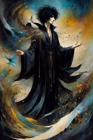 a fantastical painting (imagining “dream of the endless” from the series sandman), ( gaiman, dave mckean, bill sienkiewicz), dream appears as a thin goth man with a wild messy rockstar black hair, high cheekbones and palest skin, he is wearing a robe cloaking him in dreams, he is shaping the world of the dreaming, creating new dreams and nightmares, shapes flow into each other in ethereal ways symbolizing the half-formed mercurial nature of how we experience dreams, the colors are rich, there is a variety of textures, the image combines digital and traditionsl painting techniques to create visual intrigue, dramatic, cinematic lighting,Decora_SWstyle,ink,style