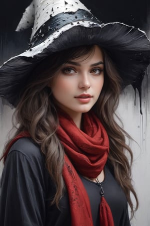((Add coprinus_comatus texture to her hat, witchhatshaped)), jagged edges, eye-catching detail, insanely intricate, vibrant light and shadow, beauty, textured, captivating, style of oil painting, modern ink, watercolor , brush strokes, negative white space,InkyCapWitchyHat,coprinus_comatus