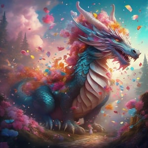 in dreamy soft hues, aesthetic fantasycore art, "cute adorable confetti cloud dragon, confetti falling" fairytale concept art, by Alberto Seveso, Cyril Rolando, Dan Mumford, Carne Griffiths, Meaningful Visual Art, Detailed Strange Painting, Digital Illustration, Unreal Engine 5, 32k maximalist, hyperdetailed fantasy art, 3d digital art, sharp focus, masterpiece, fine art, impossible dream