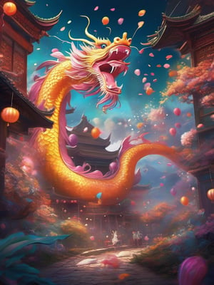 in dreamy soft hues, aesthetic fantasycore art, "cute adorable confetti cloud chinese-dragon, confetti falling" fairytale concept art, by Alberto Seveso, Cyril Rolando, Dan Mumford, Carne Griffiths, Meaningful Visual Art, Detailed Strange Painting, Digital Illustration, Unreal Engine 5, 32k maximalist, hyperdetailed fantasy art, 3d digital art, sharp focus, masterpiece, fine art, impossible dream