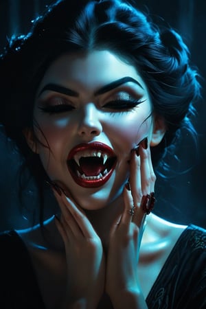 A hauntingly beautiful illustration of a vampirress stands with her hands held over her eyes, laughing maniacally as she reveals her fangs and teeth. The long shot captures the full extent of her menacing form against a dark, ominous backdrop. Soft natural light casts an eerie glow, accentuating the intricate details of her octane-rendered features. Her mouth opens wide in a wicked smile, surrounded by sparks that dance across the canvas like stars in a midnight sky. The composition is perfect, the focus sharp and cinematic, evoking the masterpieces of Caravaggio and Raphael. The photorealistic concept art is reminiscent of IrinaKapi's work, with its mix of dark, gothic beauty and eerie atmosphere.