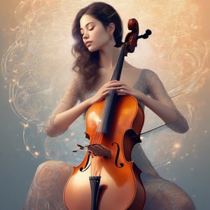 In a soft, warm lighting, a stunning woman with a glass cello body stands in front of a subtle, gradient-colored background. Her cello torso glows with intricate, swirling patterns of musical notes and instrument shapes within the transparent glass. High-definition details include delicate fingerpads and a serene expression on her face as she holds a small, ornate violin.