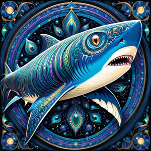 (((Shark))), In a mesmerizing concept art piece, a majestic, endangered creature of enchantment comes to life. Through intricate line art, a mythical bioluminescent species is portrayed, its delicate and luminous features captured in stunning detail. The exquisite painting showcases a harmonious blend of vibrant hues and delicate tracery, illuminating the intricate patterns that adorn the creature's iridescent form. Its large, soulful eyes glow with a captivating otherworldly radiance, accentuated by its velvety midnight-black skin that seems to absorb and reflect light simultaneously. This extraordinary image invites viewers to witness the ethereal beauty of this rare species, subtly hinting at the urgency to protect and preserve such magical wonders of the natural world.