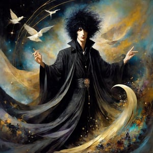 a fantastical painting (imagining “dream of the endless” from the series sandman), ( gaiman, dave mckean, bill sienkiewicz), dream appears as a thin goth man with a wild messy rockstar black hair, high cheekbones and palest skin, he is wearing a robe cloaking him in dreams, he is shaping the world of the dreaming, creating new dreams and nightmares, shapes flow into each other in ethereal ways symbolizing the half-formed mercurial nature of how we experience dreams, the colors are rich, there is a variety of textures, the image combines digital and traditionsl painting techniques to create visual intrigue, dramatic, cinematic lighting,Decora_SWstyle,ink,style