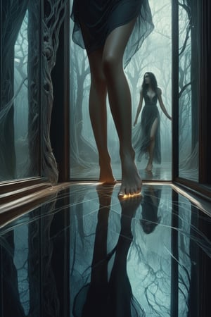 1girl, hauntingly beautiful, eldritch reflections, walking barefoot on glass, illustrative composition, fine lines, decorative_bones, reflection, haunted echoes, photorealistic-anatomy, illustrated d1p5comp_style,Decora_SWstyle