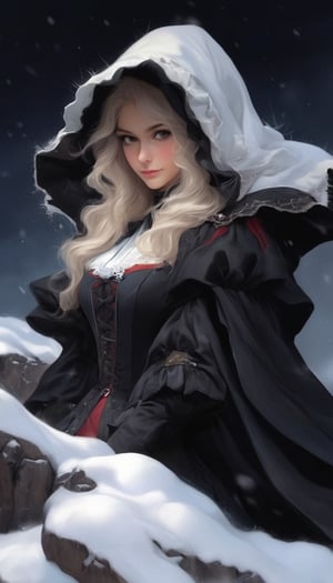 ((Ultra-detailed)) portrait of a beautiful wintermelancholia witch walking through the snow, leaving footprints in the snow, wispy skirt hem dragging through the snow, wearing a \(inkycapwitchyhat\) with white drips on the brim, detailed exquisite face,hourglass figure,model body,playful smirks,(dreamy opalescent snow shimmer, snow particles)
BREAK
(backdrop: a dreamy winter wonderland, castle ruins covered in snow, distant building with lights in the windows)
BREAK
Ultra-Detailed,(sharp focus,high contrast:1.2),8K,trending on artstation,cinematic lighting, abigail larson and magali villeneuve, by Karol Bak,Alessandro Pautasso and alberto seveso, Hayao Miyazaki, todd lockwood, sabbas apterus and yoshitska amano, rob gonsalves winter art, inkycapwitchyhat,photo_b00ster,real_booster,w1nter res0rt,InkyCapWitchyHat