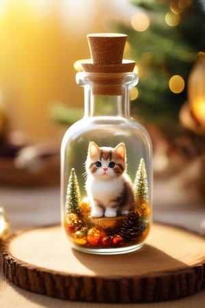 Cute very small chubby cat in a glass potion bottle, miniature cat in a mana bottle, realistic cat, real, natural cat, very small cute cat. Sunny day. Warm colors. Under a christmas tree, gifts, winter style, bottles of cute, beautiful, dramatic, Playful

