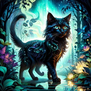 Fluffy kitten running through the nightgarden, In a mesmerizing concept art piece, a majestic creature of enchantment comes to life. Through intricate line art, a mythical bioluminescent cat is portrayed, its delicate and luminous features captured in stunning detail. The exquisite painting showcases a harmonious blend of vibrant hues and delicate tracery, illuminating the intricate patterns that adorn the creature's iridescent fur. Its large, soulful cat eyes glow with a captivating otherworldly radiance, accentuated by its velvety midnight-black fur that seems to absorb and reflect light simultaneously. This extraordinary image invites viewers to witness the ethereal beauty of this rare magical cat and magical wonders of the natural world.