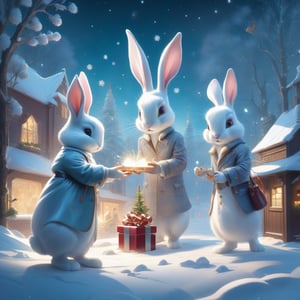 (masterpiece), Winter style, Rabbits exchanging gifts in a snowy wonderland, illumination background, reflections, sparkling, Dutch angle shot, joel rea and mark ryden, slawomir maniak and greg tocchini, concept art, rockwell and lou xaz, exquisite digital illustration, holiday art