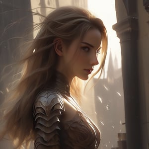 "Dark romance fantasy, close up of a woman with sword wearing dragon bone armor standing above a city, an army looking up at her, embers", bones, ribcage style armor, eldritch, dracolich-like armor, wavy golden dark blonde hair, Masterpiece, Intricate, Insanely Detailed, Art by lois van baarle, todd lockwood, chris rallis, anna dittmann, Kim Jung Gi, Gregory Crewdson, Yoji Shinkawa, Guy Denning, smooth, natural Chiaroscuro, subsurface scattering vfx, actionpainting, best quality, smooth finish, masterpiece,DracolichXL24,art_booster,LegendDarkFantasy,ellafreya,renny the insta girl,real_booster,oil paint 