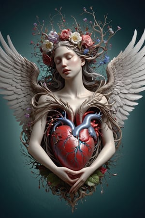 Hypermaximalist, digital illustration, complex composition, maximalist, intricate, a woman with wings and flowers in her hair, nekro xiii, luminous veins, artery, anthropomorphic female, lament, transhumanist, anatomically correct heart, artistic render, 3 d render of a full female body, broken hearted, anthropomorphic,more detail XL,DonMD3m0nXL ,oil paint ,Decora_SWstyle,art_booster,3y3l3ss1s,d1p5comp_style