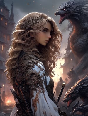 "Dark romance fantasy, close up of a woman with sword wearing dragon bone armor standing above a city, an army looking up at her, embers", bones, ribcage style armor, eldritch, dracolich-like armor, wavy golden dark blonde hair, Masterpiece, Intricate, Insanely Detailed, Art by lois van baarle, todd lockwood, chris rallis, anna dittmann, Kim Jung Gi, Gregory Crewdson, Yoji Shinkawa, Guy Denning, smooth, natural Chiaroscuro, subsurface scattering vfx, actionpainting, best quality, smooth finish, masterpiece,DracolichXL24,art_booster,LegendDarkFantasy,ellafreya,renny the insta girl,real_booster,oil paint ,Decora_SWstyle