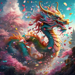 in dreamy soft hues, aesthetic fantasycore art, "cute adorable confetti cloud chinese-dragon, confetti falling" fairytale concept art, by Alberto Seveso, Cyril Rolando, Dan Mumford, Carne Griffiths, Meaningful Visual Art, Detailed Strange Painting, Digital Illustration, Unreal Engine 5, 32k maximalist, hyperdetailed fantasy art, 3d digital art, sharp focus, masterpiece, fine art, impossible dream