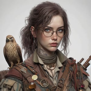 A fantasy character concept portrait of a human wizard woman with pale complexion, subtle freckles, mousy darkbrown messy long hair pulled back in a low messy bun, ((face reminiscent of  jennifer lawrence)), clever grey eyes, skeptical annoyed condescending expression, worn and layered traveling wizard clothing adorned with various magical trinkets, a spellbook and potion vials attached to her belt, and a magical red-tailed hawk perched on her shoulder. The background is detailed, with a captivating composition and color, blending fantasy and realism 