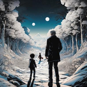 A father walking away from a family forever , broken home,, beautiful illustration by yoshitaka amano, dan mumford, Nicolas delort, jeff koons, photorealism, crisp, UHD, fantasy, gorgeous linework, inspired by James jean, a complex and intricate masterpiece, cel-shaded, clean and sharp, low brow art, Magazine, pixiv contest winner, bold flowing lines, the art of animation, stylized, flowing, detailed heavy lined line art style, illustrative storybook painting, cel-shading, flowing lines,Decora_SWstyle