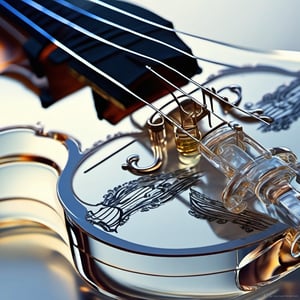 A mesmerizing close-up shot of a transparent glass violin, its crystalline structure refracting light like a prismatic gem. Delicate musical notes and instrument shapes are intricately etched within the glass, as if the very essence of music has been distilled into this radiant, high-definition vessel.