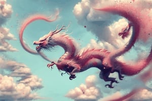 ((solo)), confetti dragon, no humans, smooth fluid movement, serpentine movement, clouds, sky, peaceful, magical, DragonConfetti2024