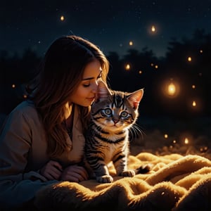 A warm summer evening, the soft glow of fireflies dancing around the silhouetted figures on the outdoor blankets, as the tiny kitten trembles with fear, its face pressed against its owner's shoulder. The human's gentle smile and cradling arms envelop the kitten in a sense of safety. Amidst the night sky's twinkling lights, the duo is bathed in a warm, golden light, as if kissed by the stars. The chiaroscuro shadows add depth to the intricate digital oil painting, capturing the enchanting ambiance of this tender moment between a kitten and its human.