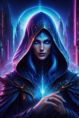Detailed illustration Drenched in neon hues and exuding an aura of mystique, a charismatic hooded enchanter with flowing electric blue hair and glowing iridescent eyes captivates the viewer. This digital image, resembling a meticulously detailed painting, showcases the enchanter standing amidst a bustling cyberpunk cityscape. Every pixel is saturated with vivid colors, creating a mesmerizing contrast between darkness and light. The enchanter's intricate attire shimmers with holographic patterns, hinting at their otherworldly powers. This stunning depiction immerses viewers in a futuristic world where magic and technology intertwine seamlessly.,art_booster,Decora_SWstyle,DarkSynth