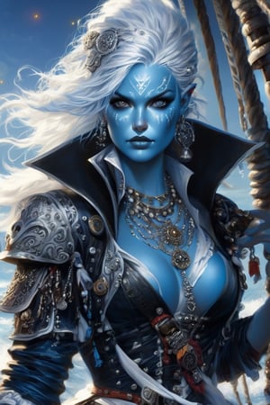1woman, air genasi character, blue skin, aetherpunk pirate on a pirate ship, pirate outfit and hat, glitter, white silvery hair, fine lines, ornate, aetherpunk setting, detailed setting, realistic anatomy, hyperreal, stunning, mystical, high contrast. Action, energy, flowing movement, sharp focus, intense eyes, (Masterpiece, epic, best quality:1.2), 16k,AirGenasiSW24,Decora_SWstyle,more detail XL,real_booster