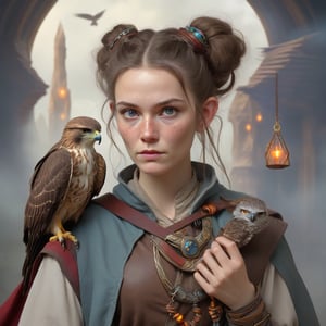A fantasy character concept portrait of a human wizard woman with pale complexion, subtle freckles, mousy brown messy long hair pulled back in a low messy bun, ((face reminiscent of  Jacqueline Bisset)), clever grey eyes, skeptical annoyed condescending expression, worn and layered traveling wizard clothing in earthy colors adorned with various colorful magical trinkets, a spellbook and potion vials attached to her belt, and a magical red-tailed hawk perched on her shoulder. The background is detailed, with a captivating composition and color, blending fantasy and realism 