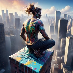 Dissolving person (made of graffiti:1.4) sitting on the top of a skyscraper, tendrils of dissolving paint coming off of them, paint drops dissolving, graffiti dissolving, made of living graffiti, by Nychos, digital painting masterpiece, energy, rich color, artstation, unreal engine 5, fine details, detailed brushwork, 8k, clean image, contrast and depth, atmospheric perspective, reflections, chiaroscuro