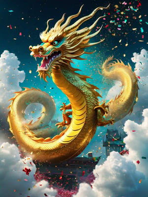 Falling confetti, A beautiful Chinese dragon rising into the celestial sky, confetti, chinese new year, stars above with clouds below, Clint Cearley, Daarken, Jeremy Mann, hyper-detailed, hyperrealistic, digital art, detailed background, epic, cinematic, vibrant saturated colours, divine light, cyan, white, yellow, fantastical, dreamy, ethereal
