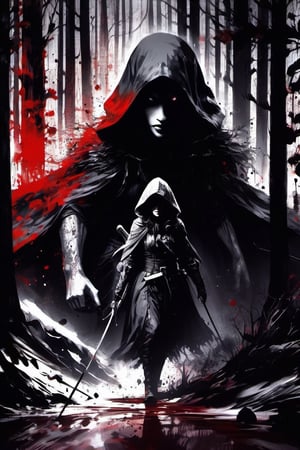 "black forest!!!! Double exposure movie poster dark fantasy manhwa neo-noir red movie little red riding hood warrior princess and the big bad wolf in black forest!!!! wolf!!! Masterpiece,  Intricate,  Insanely Detailed,  Art by Kim Jung Gi,  Gregory Crewdson,  Yoji Shinkawa,  Guy Denning,  Ink Drip,  Paint Splatter,  Textured!!!!,  Chiaroscuro!!",  actionpainting,,