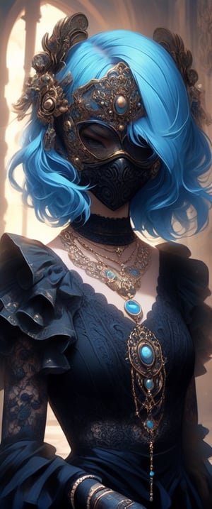 1girl, solo, ornate helmet jewelry, blue hair, upper body, necklace, black dress, bracelet, mask, ring, facing viewer, covered eyes,Decora_SWstyle,sooyaaa