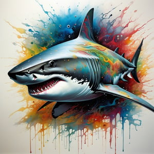 "beautiful detailed white ink shark!!!!!!!, calligraphy, watercolors, paper marbling! Oil splash!! Oil stained", hyperdetailed fluid complex maximalist gouache illustration by Yoshitaka Amano, Aaron Horkey, Jeremy Mann, Hayao Miyazaki professional photography, masterpiece, 16k, Vibrant triadic Colors, volumetric lighting, Paint Strokes, Ink Drip