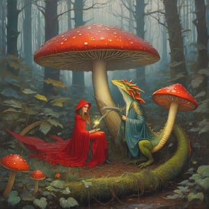Rebecca guay and android jones and van gogh, A small fairy next to a tiny dragon are in the forest in the rain both shielding themselves under a large red caped mushroom 
