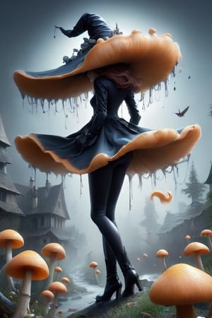 A mysterious witch stands outside a dark gothic cathedral, the crumbling stone edifice adding to the eerie atmosphere. This scene evokes a cinematic quality, with dramatic lighting highlighting the witch's haunting presence. In the expertly crafted painting, the witch's tattered cloak billows in the wind, her piercing gaze suggesting hidden powers. The brim of her mushroom-inspired hat drips from self-deliquescence, The intricate details of the cathedral's architecture are meticulously rendered, enhancing the overall sense of decay and mystery. This captivating image skillfully combines elements of the supernatural and gothic, inviting viewers to unravel the secrets within its dark, atmospheric setting.