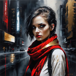 breathtaking portrait of a gorgeous cyberpunk girl, red scarf, hiding in a futuristic city, dark gold and black, gossamer fabrics, jagged edges, eye-catching detail, insanely intricate, vibrant light and shadow , beauty, paintings on panel, textured background, captivating, stencil art, style of oil painting, modern ink, watercolor , brush strokes, negative white space