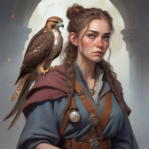 A fantasy character concept portrait of a human wizard woman with pale complexion, subtle freckles, mousy brown messy long hair pulled back in a low messy bun, ((face reminiscent of sarah_hyland)), clever grey eyes, skeptical annoyed condescending expression, worn and layered traveling wizard clothing adorned with various magical trinkets, a spellbook and potion vials attached to her belt, and a magical red-tailed hawk perched on her shoulder. The background is detailed, with a captivating composition and color, blending fantasy and realism 