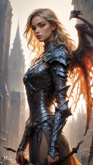 "Dark romance fantasy, close up of a woman with sword wearing dragon bone armor standing above a city, an army looking up at her, embers", bones, ribcage style armor, eldritch, dracolich-like armor, wavy golden dark blonde hair, Masterpiece, Intricate, Insanely Detailed, Art by lois van baarle, todd lockwood, chris rallis, anna dittmann, Kim Jung Gi, Gregory Crewdson, Yoji Shinkawa, Guy Denning, smooth, natural Chiaroscuro, subsurface scattering vfx, actionpainting, best quality, smooth finish, masterpiece,DracolichXL24,art_booster,LegendDarkFantasy,ellafreya,renny the insta girl,real_booster,ct-niji2,sooyaaa