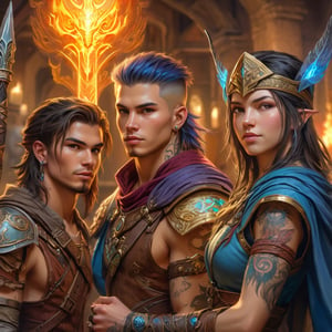 A candid group portrait color sketch of a young warrior and a mage allied together, rpg character portraits, tattoos, piercings, armor, volumetric and dynamic lighting. Reflections and depth. Hyperrealistic photorealistic hyperdetailed maximalist masterpiece