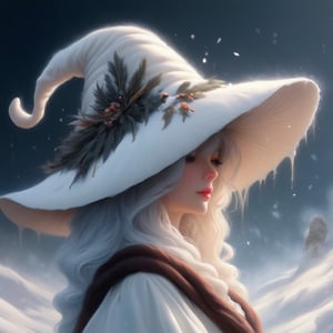 ((Ultra-detailed)) portrait of a beautiful wintermelancholia witch walking through the snow, leaving footprints in the snow, wispy skirt hem dragging through the snow, wearing a \(inkycapwitchyhat\) with white drips on the brim, detailed exquisite face,hourglass figure,model body,playful smirks,(dreamy opalescent snow shimmer, snow particles)
BREAK
(backdrop: a dreamy winter wonderland, castle ruins covered in snow, distant building with lights in the windows)
BREAK
Ultra-Detailed,(sharp focus,high contrast:1.2),8K,trending on artstation,cinematic lighting, abigail larson and magali villeneuve, by Karol Bak,Alessandro Pautasso and alberto seveso, Hayao Miyazaki, todd lockwood, sabbas apterus and yoshitska amano, rob gonsalves winter art, inkycapwitchyhat,photo_b00ster,real_booster,w1nter res0rt,portraitart