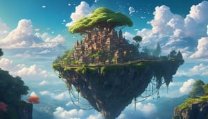 a city built into a tree, on top of a floating on island with a lush green hillside, above clouds, rope bridge, video game environment inspired by Mike beeple Winkelmann, fantasy art, palace floating in the sky, anime scenery, an island floating in the air, flying trees and park items, amazing wallpaper, 4k high res, very beautiful photo, floating city on clouds, magical colors and atmosphere, yggdrasil, anime epic artwork, bloom. high fantasy 