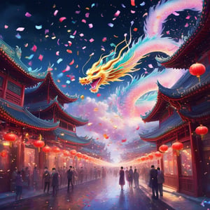 in dreamy soft hues, aesthetic fantasycore art, "cute adorable confetti cloud chinese-dragon dissolving into confetti, confetti falling", over a chinese new year city, fairytale concept art, eldritch, line art, starry background, dreaminess, digital surrealism illustration, lowbrow art movement, exquisite illustration, hauntingly beautiful art, amazing movement, perfect flowing composition, leading lines, illusions, reflections, subsurface scattering Meaningful Visual Art, masterpiece, impossible dream