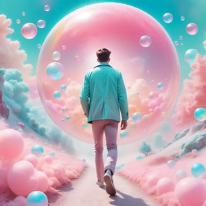 Pastel color palette, in dreamy soft pastel hues, pastelcore, pop surrealism poster illustration ||  man walking through a bubblegum nebula, merged bubbles. || bright hazy pastel colors, whimsical, impossible dream, pastelpunk aesthetic fantasycore art, beautiful soft pastel colors