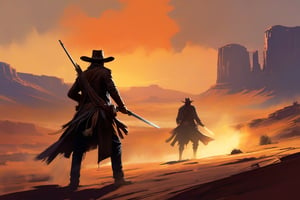 Action painting, concept art, a outlaw facing another putlaw, duel, wildwest, epic scene, textured brushwork, speedpaint, sparth, henrik sahlstrom
