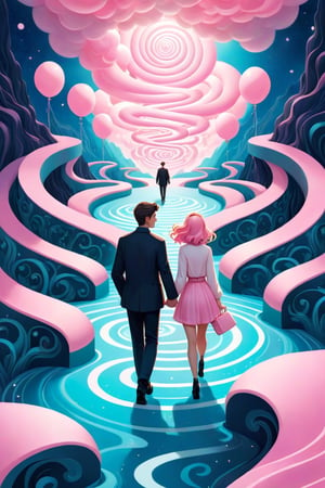 Pastel color palette, bathed in dreamy soft pastel hues || Bold illustration, digital artwork of a couple walking hand in hand in a cloud maze. background with swirling lines and decorative elements. Storybook illustration inspired, charlie bowater and Gediminas Pranckevicius and victo ngai, surreal fantasy illustration, realistic proportions, complex composition, linework, decorative elements, vector painting, highly detailed, digital illustration, artstation, beautiful, wholesome, nostalgia, high quality, cotton-candy-colors || impossible dream, pastelpunk aesthetic fantasycore art, beautiful soft pastel colors