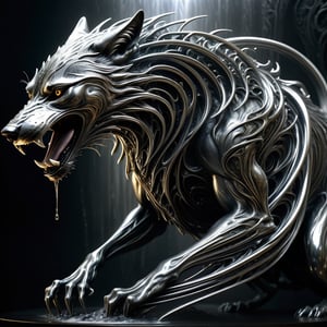 surreal hellhound, wolf, tendrils of metal pulling away, swirling, liquid metal art  by hr giger, art made out of metal, (liquid metal elemental 2.0)/personified liquid metal/liquid mercury/etched flowing liquid metal/waves and designs/stormy dark background with lighting/intense/dramatic/atmospheric/unreal engine/Raymond Swanland/Luis Royo/Nekro/