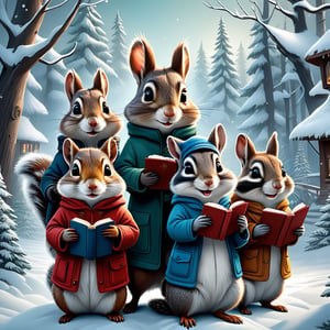 Winter style, a group of adorable animal christmas carolers, woodland-animals-choir, holiday caroling costumed woodland animals, unique characters, a squirrel and a rabbit and a raccoon and a chipmunk singing together, in a snowy winter wonderland, holiday theme christmas aura, 3D, fine line art, 2d cute, digital surrealism illustration, perfect flowing composition, beautiful digital illustration by yoshitaka amano, dan mumford, Nicolas delort, jeff koons, photorealism, crisp, UHD, fantasy, gorgeous linework, a complex and intricate masterpiece, cel-shaded, clean and sharp