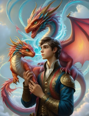 {{best quality}}, {{masterpiece}}, {{ultra-detailed}}, {illustration}, "1boy holding a tiny grumpy dragon with ornate swirling scales", highly detailed, absurdres, smooth finish, PetDragon2024xl,art_booster,real_booster