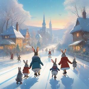"Adorable rabbit family ice skating together on christmas day!!", insanely detailed and intricate digital illustration by Hayao Miyazaki, Ismail Inceoglu, Gazelli, M.W. Kaluta and Yoshitaka Amano, a masterpiece, close-up, 8k resolution, , trending on artstation, delicate, watercolor, soft